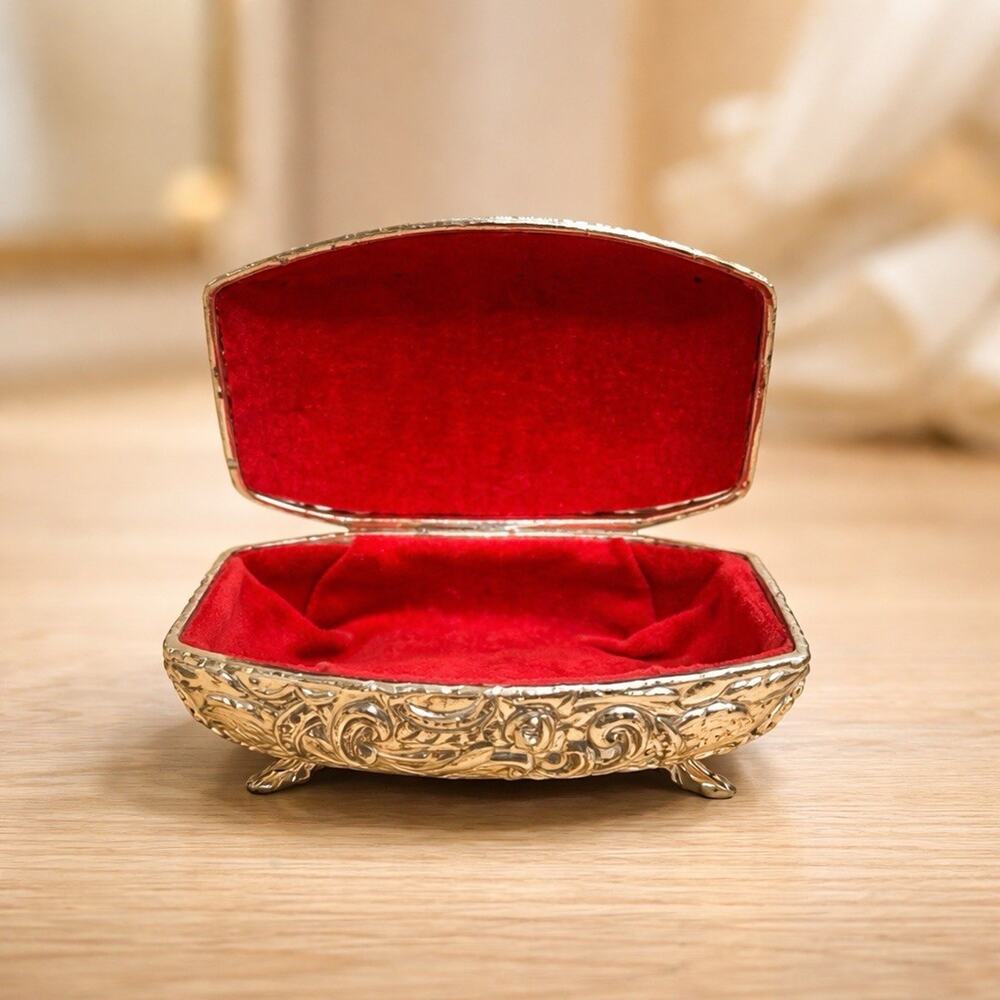 Vintage Rhinestones Crown Jewelry Trinket Box With Red Velvet